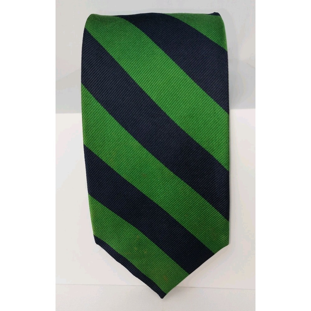 Bravini Mens Silk Necktie Navy Green Striped Repp Tie Handmade in USA 4"x58"